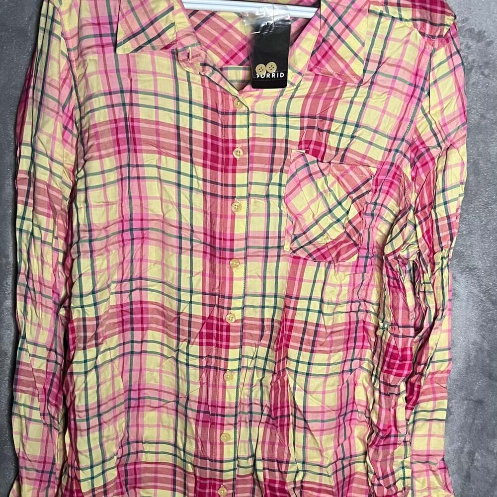 Torrid Pink & Yellow Plaid Button Down Shirt, Size 2X